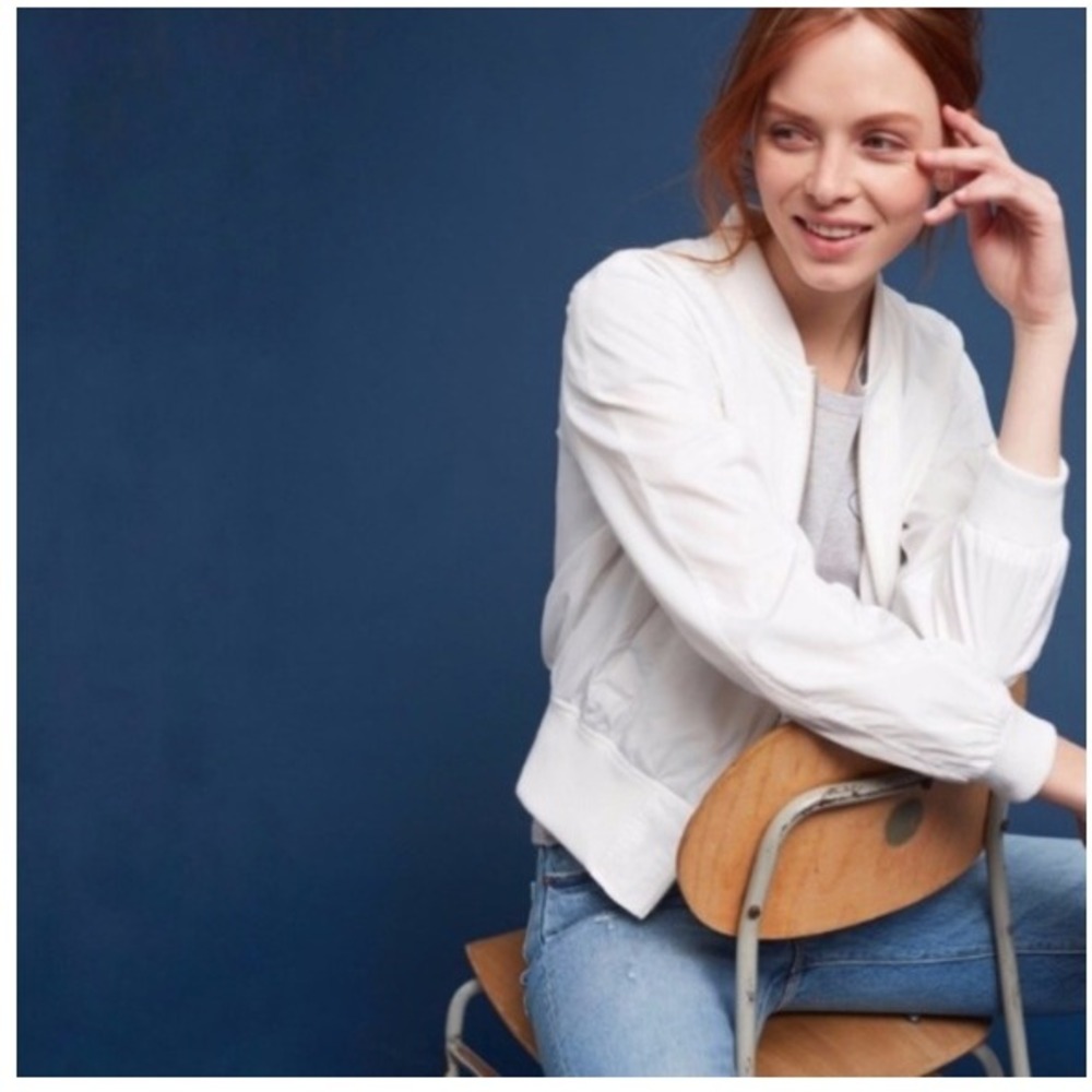 Anthropologie Hei Hei Womens White Satin Bomber Jacket Full Zip Rib Trim Medium